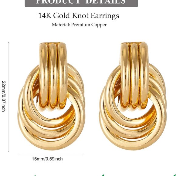 14K Gold Knot Dangle Earrings for Women, Stylish Chunky Gold Statement Jewelry - Picture 6 of 7